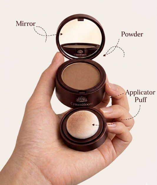 CrownBloom™ Hairline Fill Powder – Natural Root Coverage for Thinning Hair & Grays